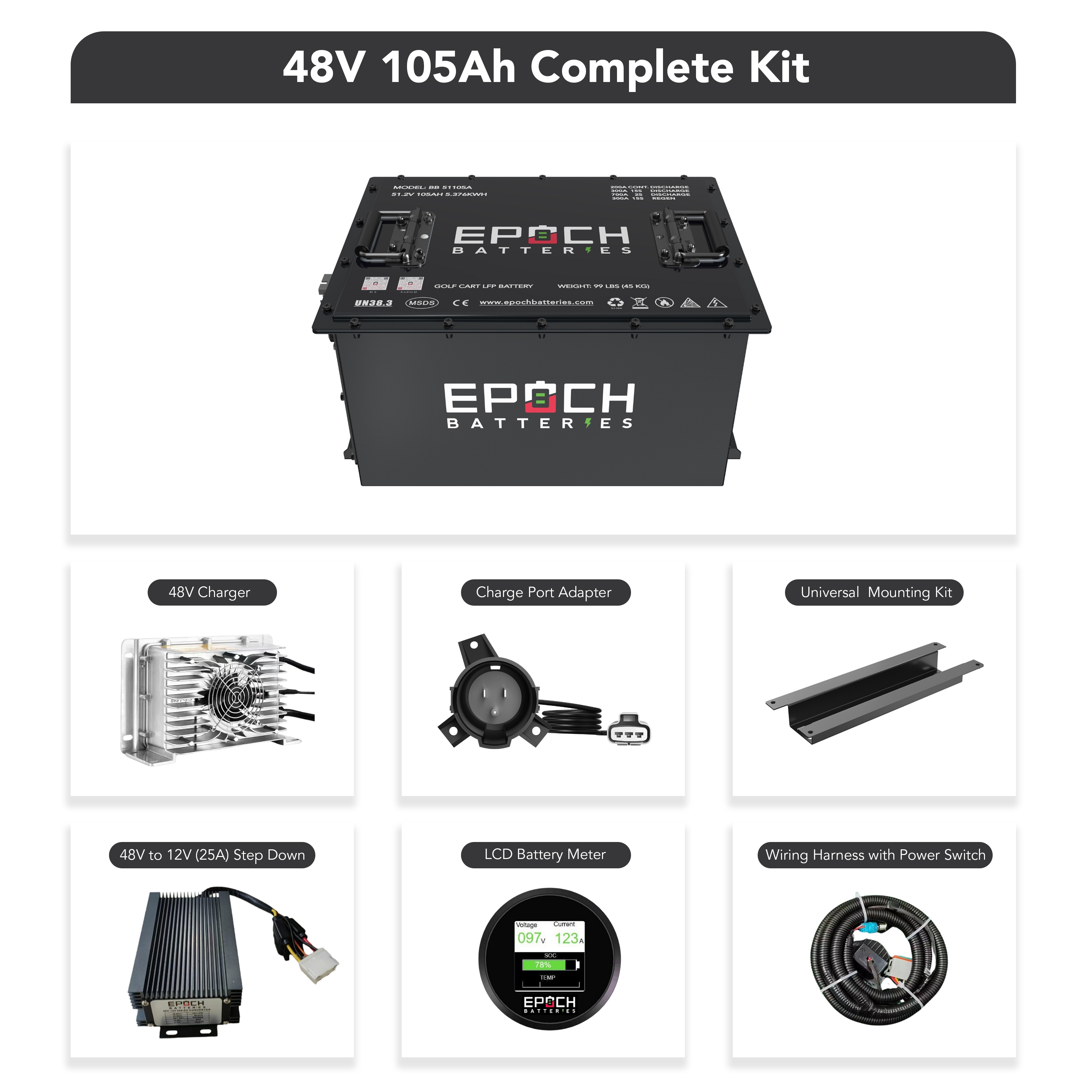 48V 105Ah Lithium (LiFePO4) Golf Cart Battery - Complete Kit