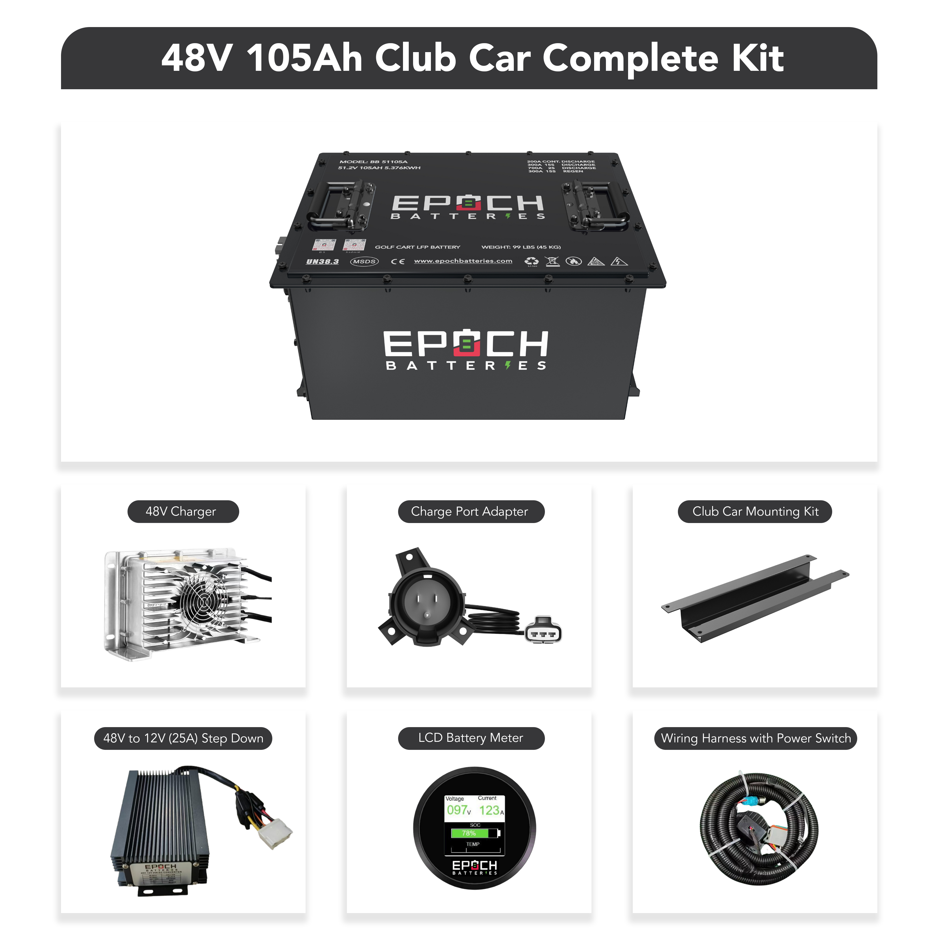 48V 105Ah Lithium (LiFePO4) Golf Cart Battery - Complete Kit