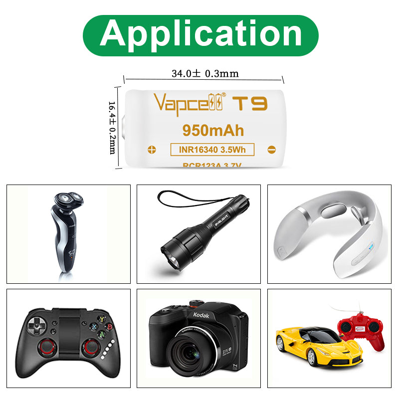 Vapcell 16340 T9 950mAh 3A Battery