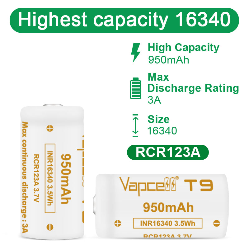 Vapcell 16340 T9 950mAh 3A Battery