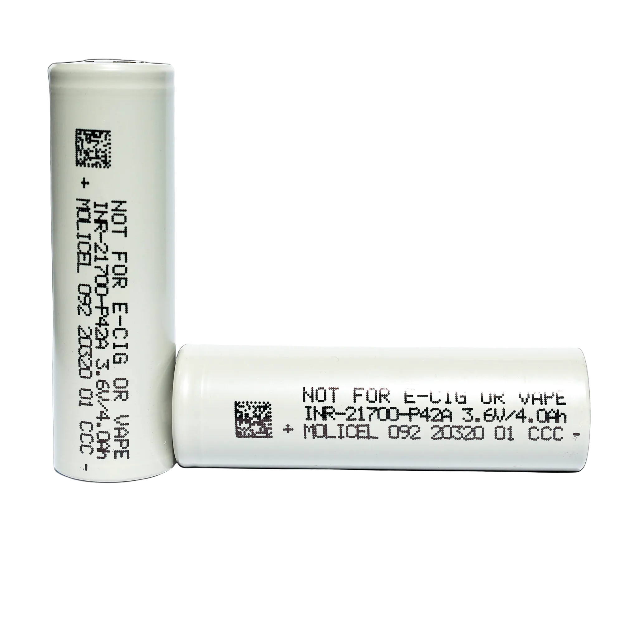 Two cylindrical batteries with text and QR codes on a white background