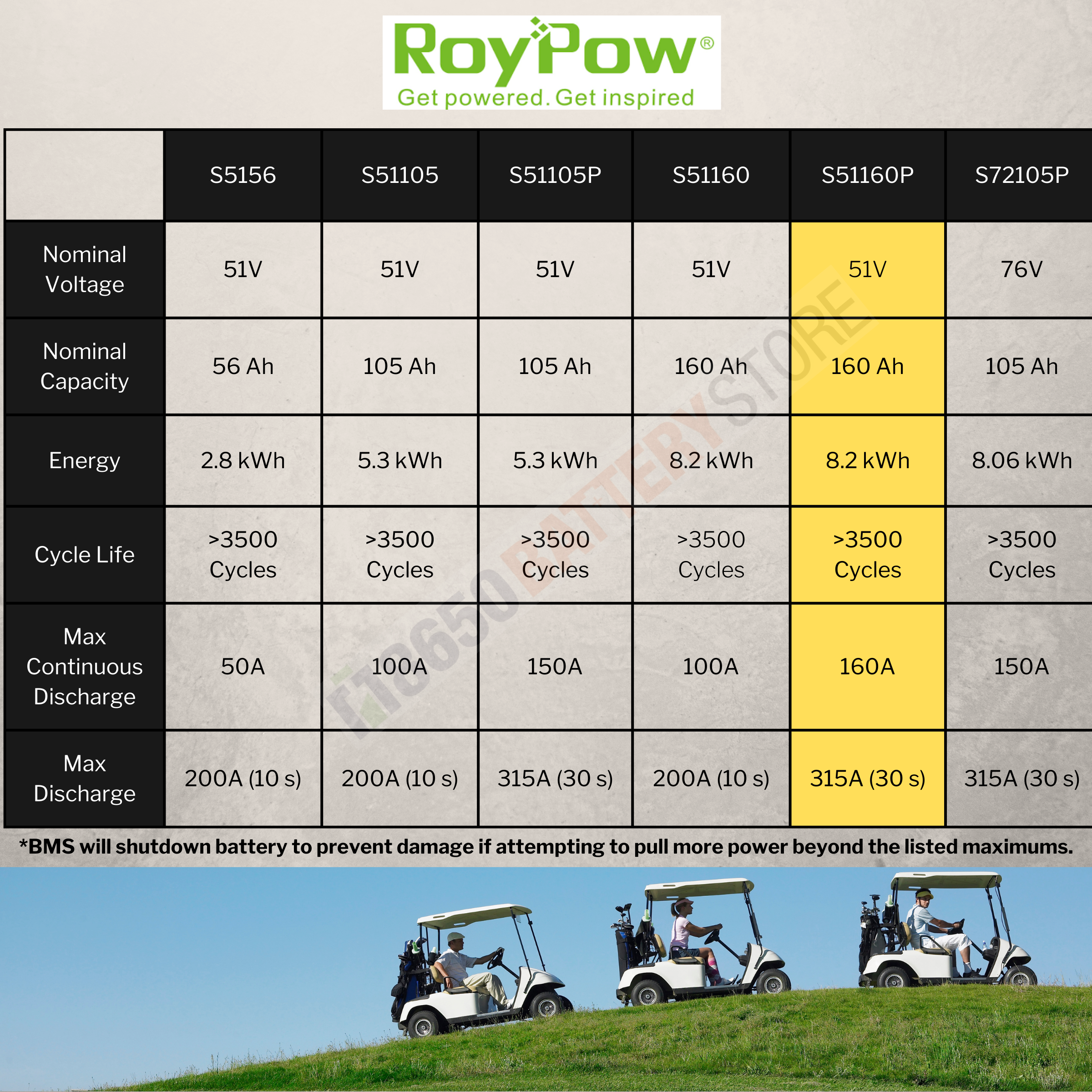 RoyPow 48V 160Ah Lithium Battery (S51160P) - Power Series