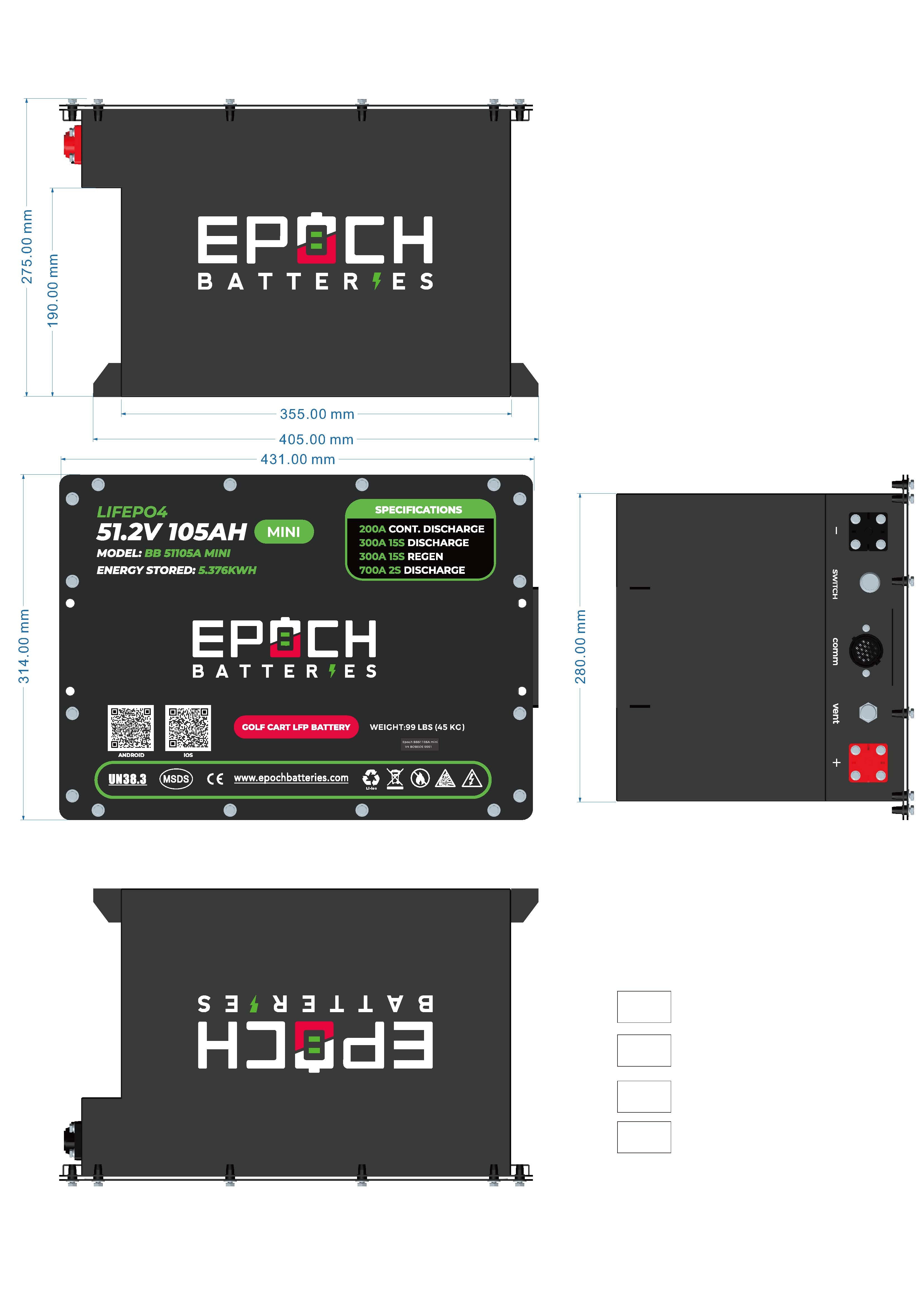 48V 105Ah MINI - LiMax Series - Lithium (LiFePO4) Golf Cart Battery - Complete Kit
