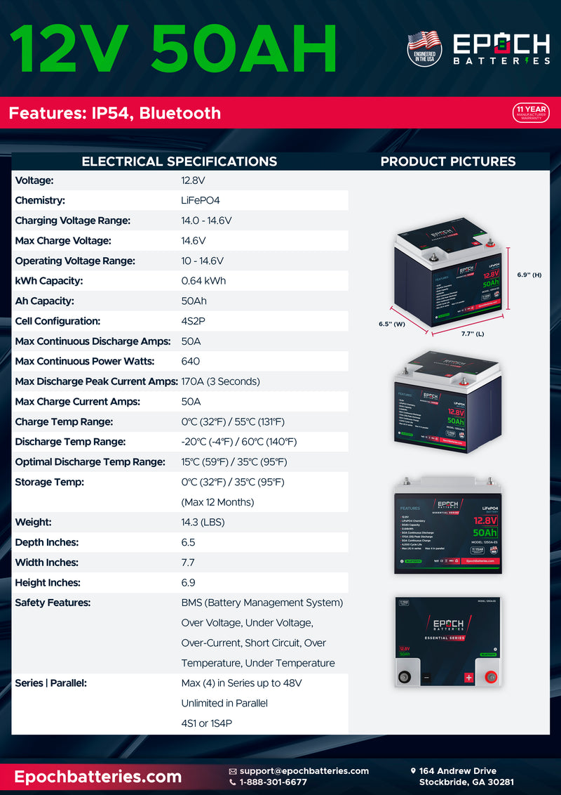 12V 50Ah LiFePO4 Battery with Bluetooth - Epoch Essentials