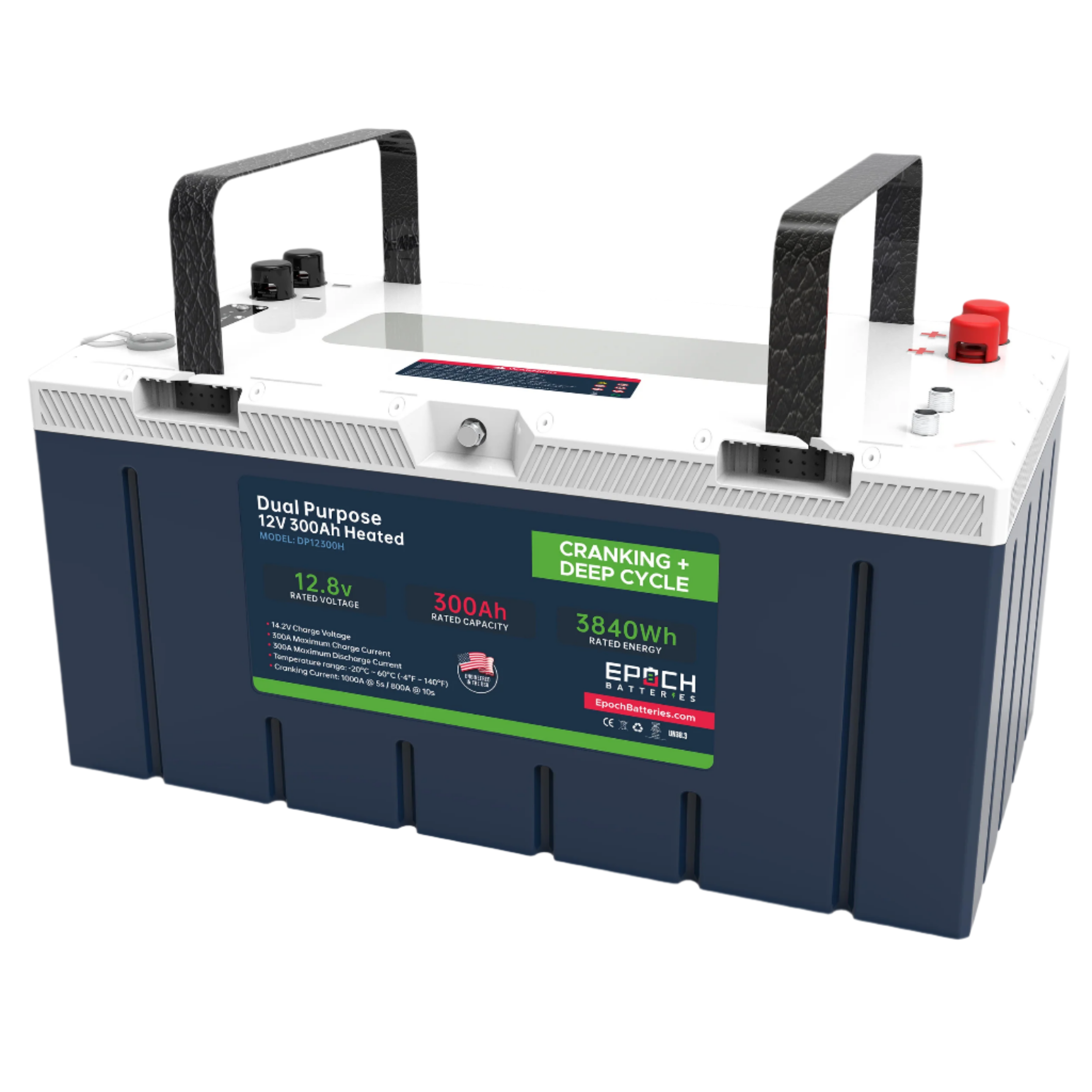 Dual-purpose battery with cranking and deep cycle capabilities on a white background