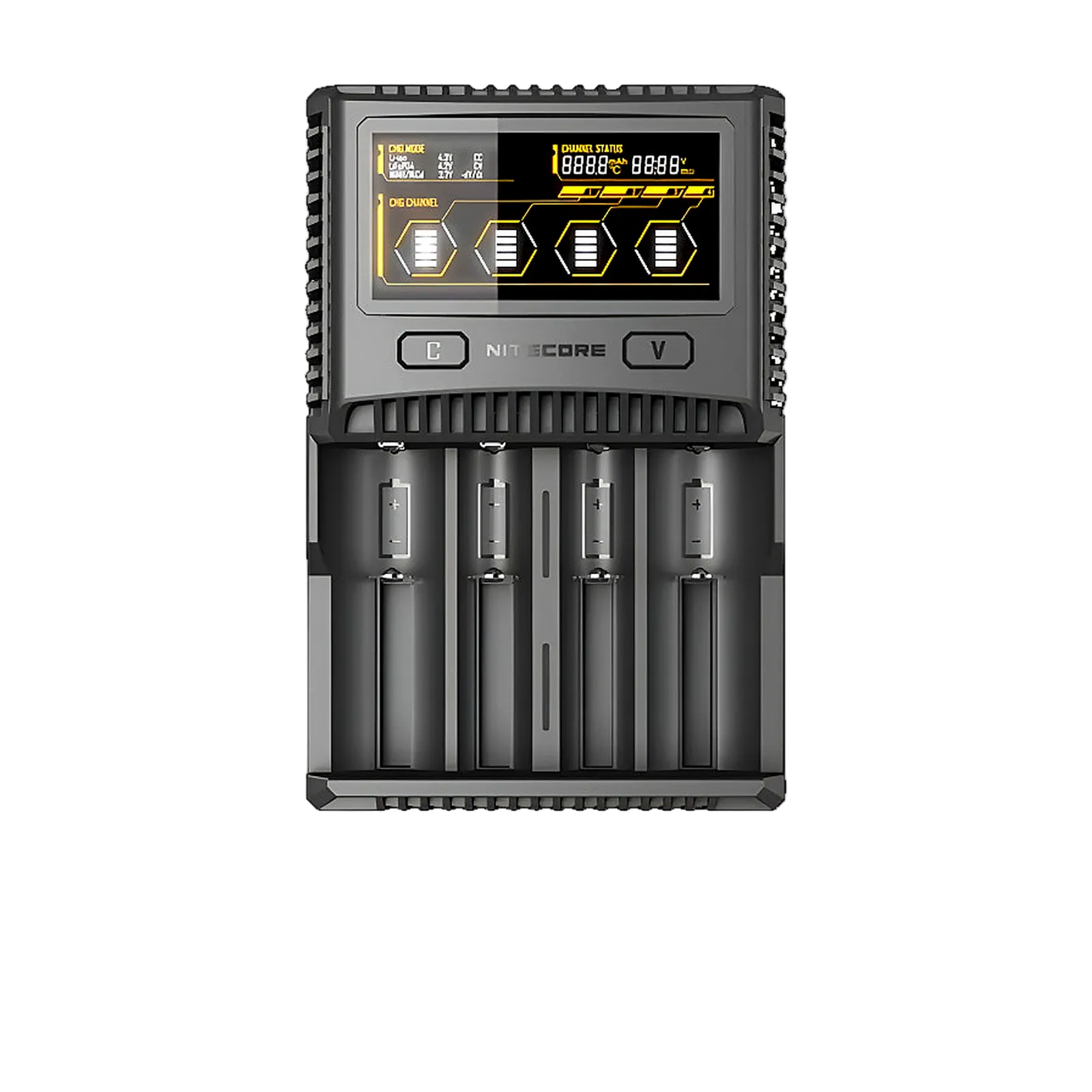 Black battery charger with digital display on a white background